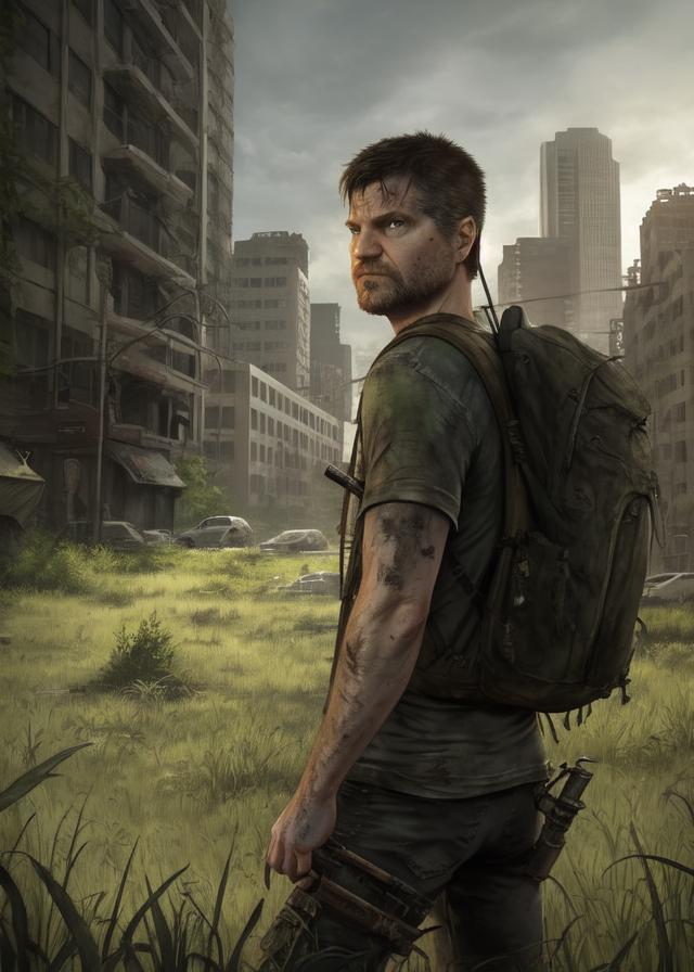 Artificial Intelligence (AI) generated image art, ..., portrait, in the style of \"The Last of Us,\" in a post-apocalyptic world, overgrown grass, cityscape