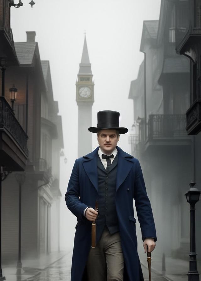 Artificial Intelligence (AI) generated image art, ... as Sherlock Holmes, (single person), set in a foggy Victorian background, epic, cinematic, 4k