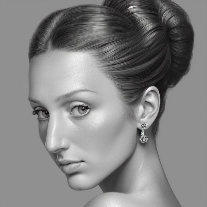 Artificial Intelligence (AI) generated image art, A drawing of ... with hair in an updo, in the style of hyperrealism and photorealism, glamorous Hollywood portraits, trace monotone, realistic and hyper-detailed renderings, shiny/glossy, 32k uhd, detailed character illustrations
