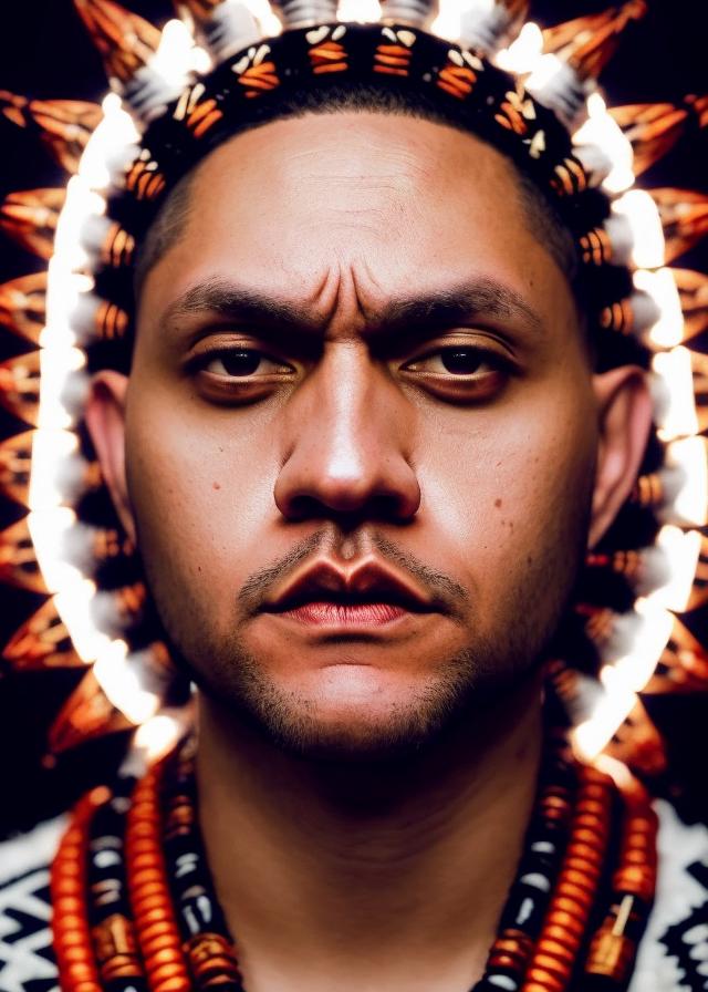 Artificial Intelligence (AI) generated image art,  \"portrait of, (...) as a futuristic tribal chief, sacred geometry symbols, symmetrical, dramatic lighting, ultra photorealistic, high detail\"