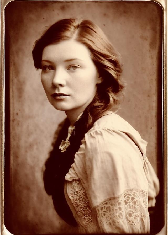 Artificial Intelligence (AI) generated image art, ..., realistic portrait, woman with auburn hair, ((silver plate photography)), ((1880s)), ((wild west)), ((sepia tone))