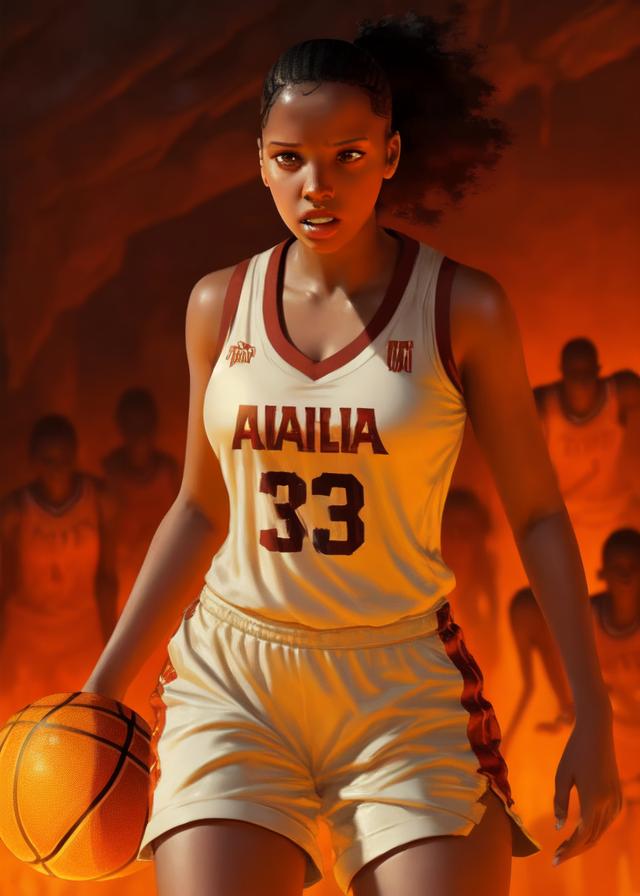 Artificial Intelligence (AI) generated image art, ... with brown skin, playing basketball, (in hell), art by greg rutkowski, ultra detailed, 8k, sharp focus