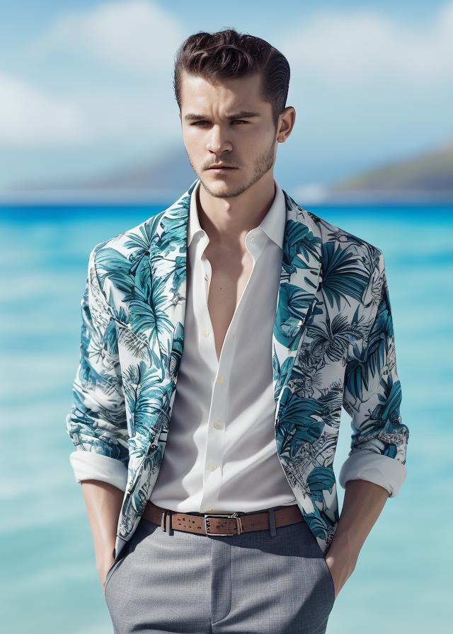 Artificial Intelligence (AI) generated image art, ..., portrait, in hawaii, Shot on Hasselblad H6D-400c lens, copy Sisley Spring  Summer 2014 campaign session with more of a vogue or fancy gentleman style clothes, ultra high definition, ultra-realism, ultra realistic, young, handsome, gentleman