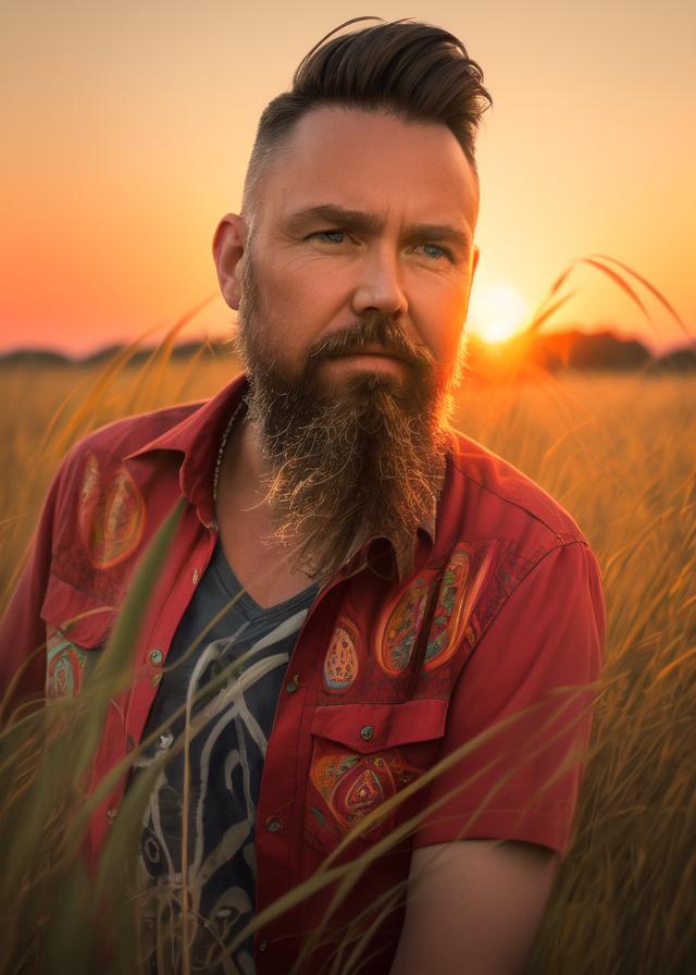 Artificial Intelligence (AI) generated image art, ..., portrait, wearing hippie clothing, in tall grass, Shot on Hasselblad H6D-400c lens, ultra high definition, ultra-realism, ultra realistic, young, handsome, red sunset