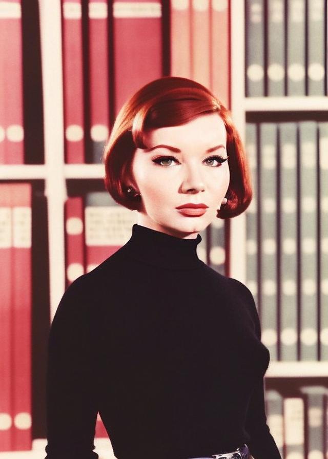 Artificial Intelligence (AI) generated image art, ..., realistic portrait, woman with auburn hair, ((film photography)), ((1960s eyeliner)), ((black turtleneck)), ((library background)), beatnik, 1960s