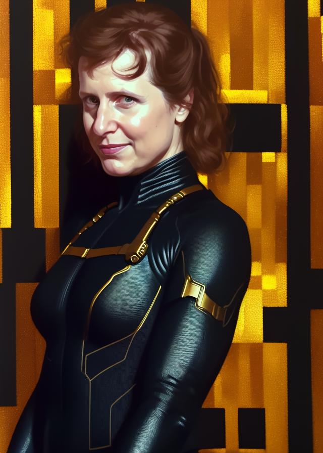 Artificial Intelligence (AI) generated image art, (...), as Black Widow, (portrait), elegant pose, photorealistic, highly detailed, artstation, smooth, gold ornaments, smooth lighting, sci-fi, art by Klimt
