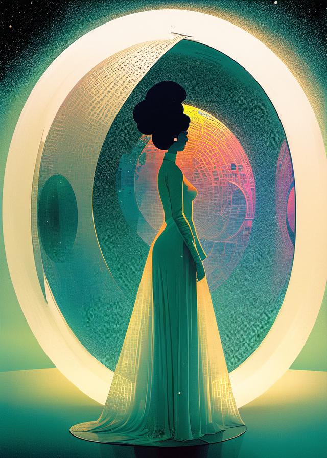 Artificial Intelligence (AI) generated image art, ..., ( ( dither ) ), editorial illustration young astronaut woman in space, modern art deco, colorful, ( ( mads berg ) ), christopher balaskas, victo ngai, rich grainy texture, detailed, dynamic composition, wide angle, moebius, matte print