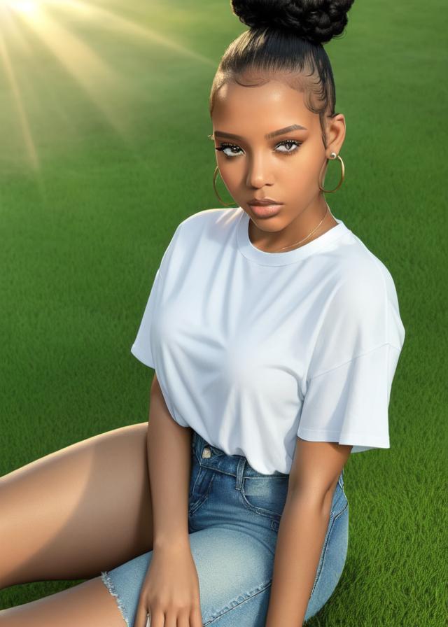 Artificial Intelligence (AI) generated image art, ... with a slick up bun, with brown skin, sitting on grass wearing a white tshirt with jeans, with her arms up, photorealistic, highly detailed, sunlight shining, ((portrait))
