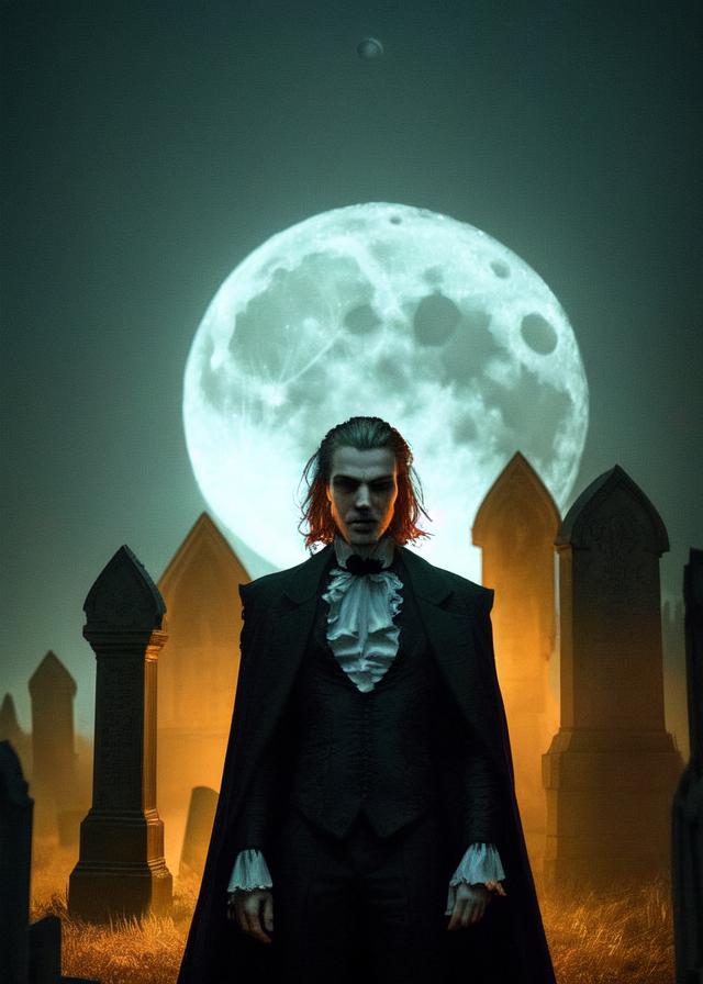 Artificial Intelligence (AI) generated image art, ... Count Dracula in a graveyard at night, Foggy with moon light, (style of Dan Mumford), vibrant colors, (gloomy illumination, insane, stunning, dramatic, completed artwork) , masterpiece, best quality, intricated details, UHD, HDR10, 8k,