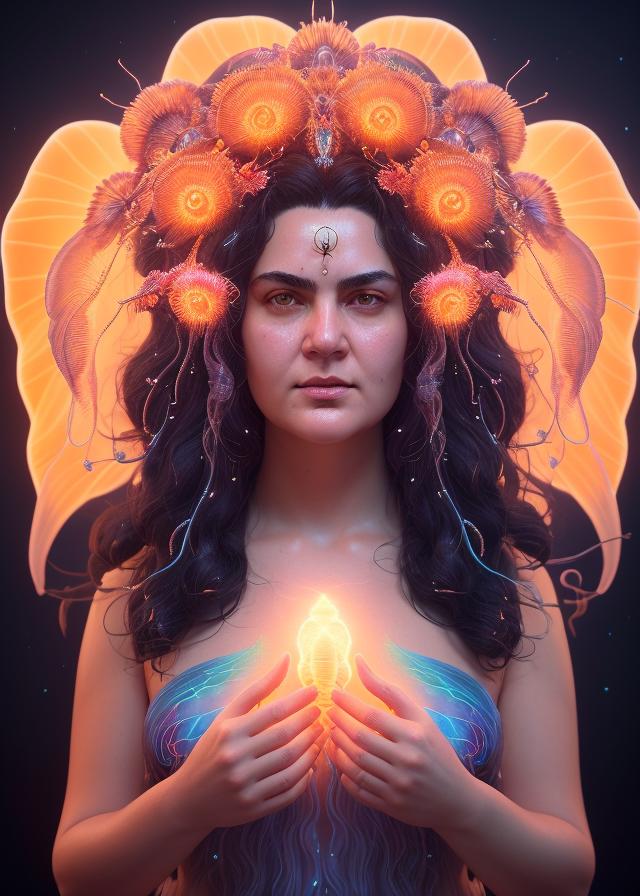 Artificial Intelligence (AI) generated image art, goddess portrait of ... , jellyfish butterfly phoenix head, intricate artwork by Tooth Wu and wlop and beeple, octane render, trending on artstation, feminine, greg rutkowski very coherent symmetrical artwork. cinematic, hyper realism, high detail, octane render, 8k