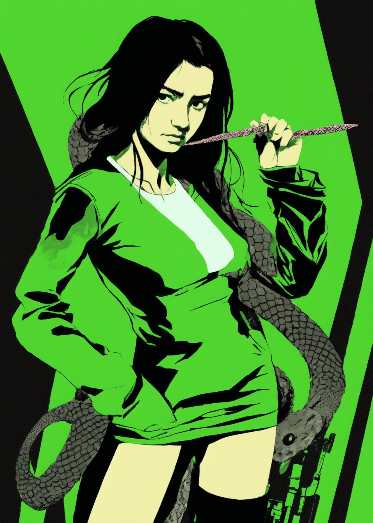 Artificial Intelligence (AI) generated image art, ..., art by Katsuhiro Otomo, snake girl, black hair with green at the ends, (Gradient theme), cyberpunk style, minimalism art, Brocore, epic fantasy, minimalism, minimalist