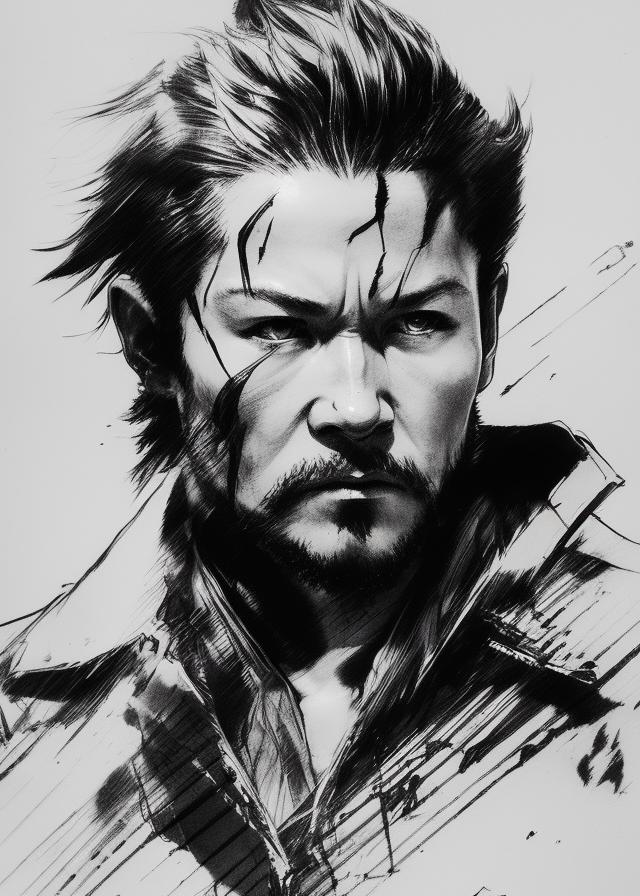 Artificial Intelligence (AI) generated image art, ..., yoji shinkawa, b&w, pencil drawing, ink, manga, concept art, black and red ink