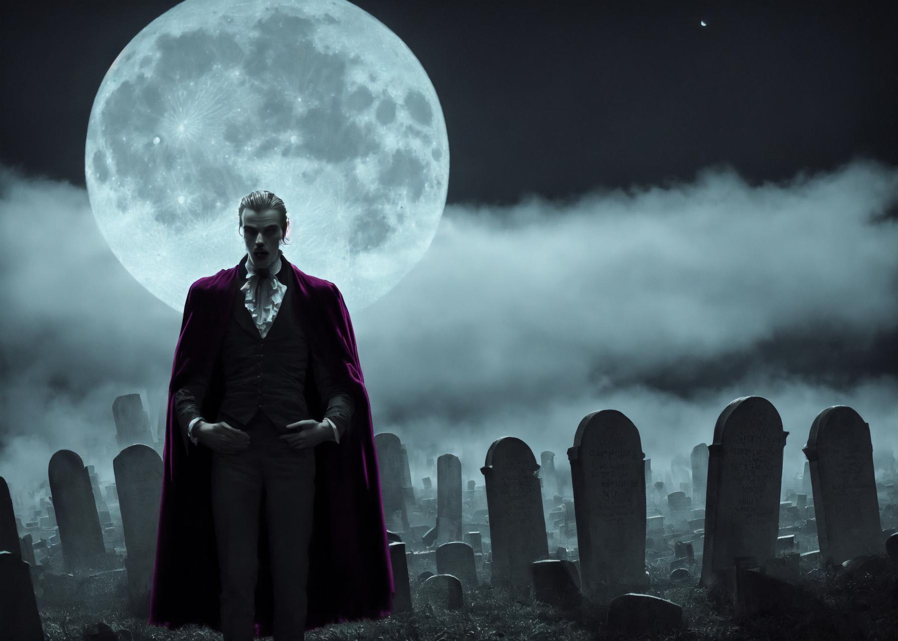 Artificial Intelligence (AI) generated image art, ... Count Dracula in a graveyard at night, Foggy with moon light, (style of Dan Mumford), vibrant colors, (gloomy illumination, insane, stunning, dramatic, completed artwork) , masterpiece, best quality, intricated details, UHD, HDR10, 8k,