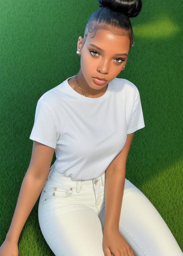 Artificial Intelligence (AI) generated image art, ... with a slick up bun, with brown skin, sitting on grass wearing a white tshirt with jeans, facing camera, photorealistic, highly detailed, sunlight shining, ((portrait))