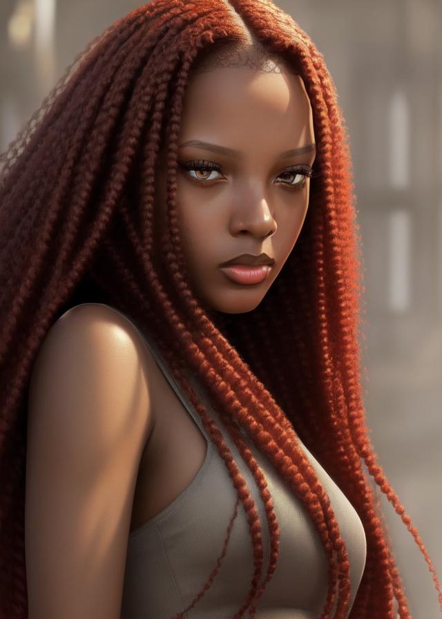 Artificial Intelligence (AI) generated image art, ... with brown skin, as red hood with long hair, ((portrait)), elegant, photorealistic, highly detailed, artstation, smooth, grey and red ornaments, smooth lighting, sci-fi, art by Klimt