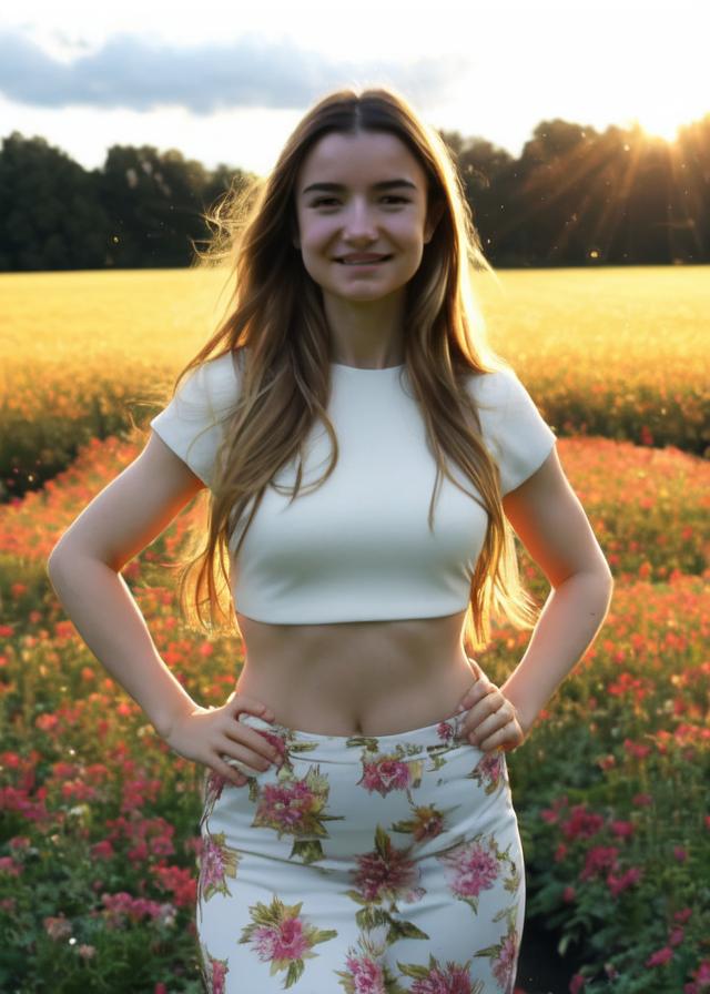 Artificial Intelligence (AI) generated image art, ..., wide shot , a portrait image (full body shot) of girl, full shot, row photo, a beautiful girl face, with gracefully under blurry background soft golden sunlight in an open field. demand melancholic beautiful face (white hair), long hair, wearing exposes her midriff, slim waist, thin thighs, morning sky, posing in a flower garden, outdoors, posing for photoshoot, (wearing a white colored showcases the delicate intricacies of school uniform the armor)