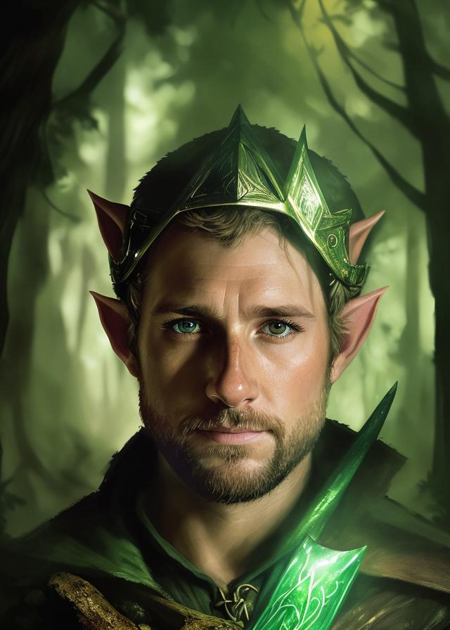 Artificial Intelligence (AI) generated image art, ..., ((portrait)), fantasy wood elf, (pointy elf ears), ((fantasy ranger)), close up, facing front, dnd art, (art by Greg Rutkowski), highly detailed, sharp focus, 4k, ((in a forest)), (((magic glow)))