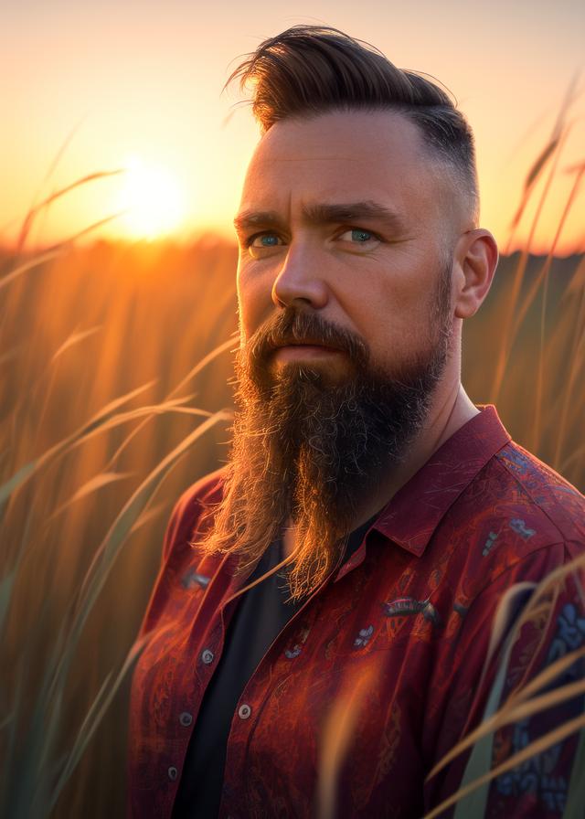 Artificial Intelligence (AI) generated image art, ..., portrait, wearing hippie clothing, in tall grass, Shot on Hasselblad H6D-400c lens, ultra high definition, ultra-realism, ultra realistic, young, handsome, red sunset