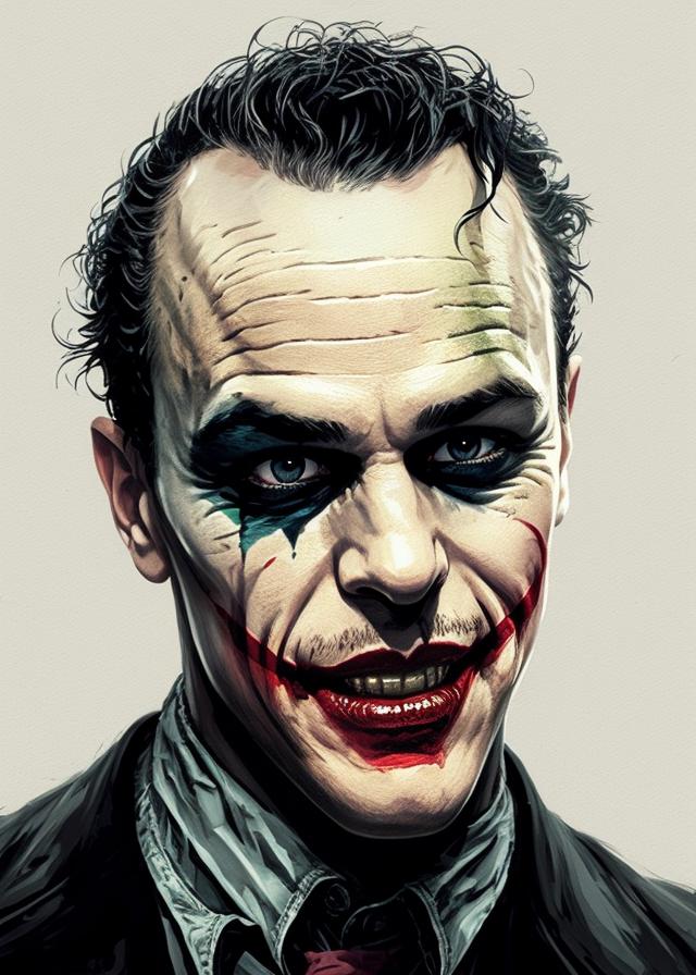 Artificial Intelligence (AI) generated image art, (...) as heath ledger joker, portrait, art by greg rutkowski, one person
