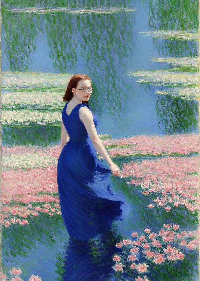 Artificial Intelligence (AI) generated image art, ..., a painting by Claude Monet , water lilys, blue dress