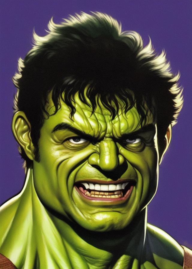 Artificial Intelligence (AI) generated image art, ((... as Hulk)), portrait, comic art, art by Stan Lee and Jack Kirby, use face of ..., highly detailed fantasy style, 4k, sharp focus