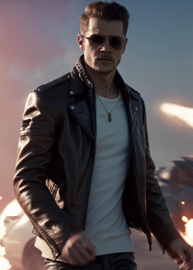 Artificial Intelligence (AI) generated image art, ..., sunglasses, leather jacket, (explosions),art by greg rutkowski, cinematic lighting, 8k, sharp focus, highly detailed, contrast