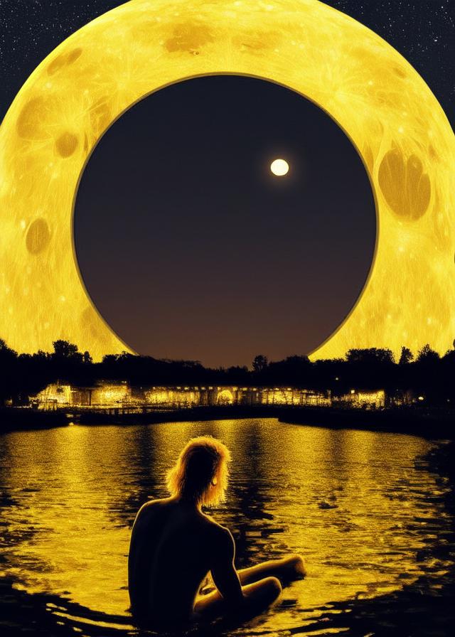 Artificial Intelligence (AI) generated image art, beautiful golden image of ... sitting in water with bright full moon hanging in the sky, in the style of mesmerizing optical illusions, sketchfab