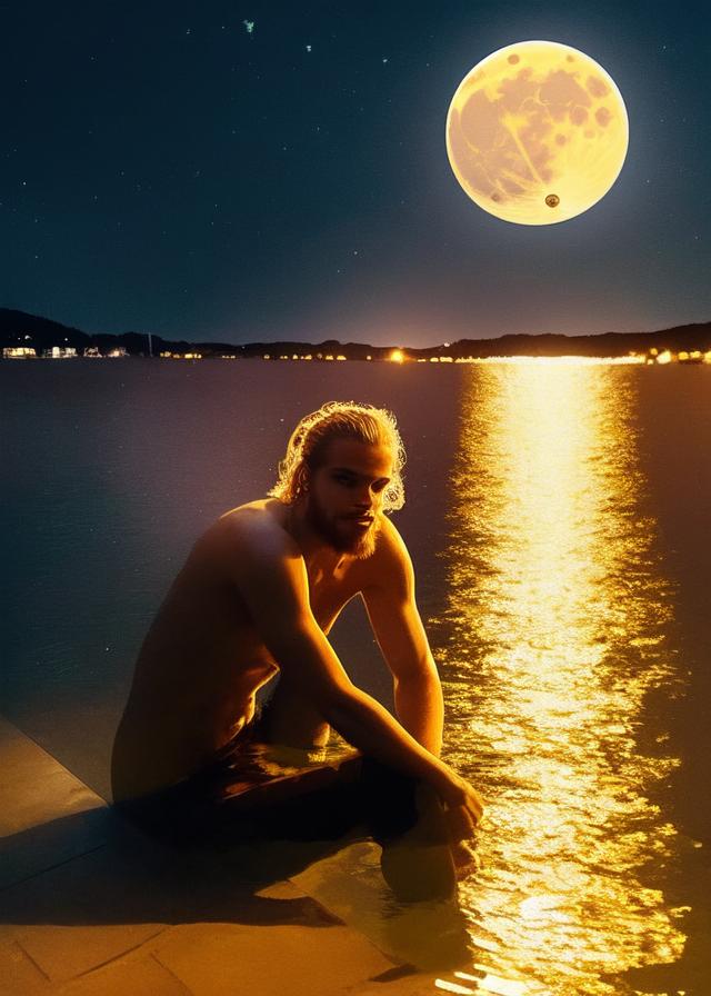 Artificial Intelligence (AI) generated image art, beautiful golden image of ... sitting in water with bright full moon hanging in the sky, in the style of mesmerizing optical illusions, sketchfab