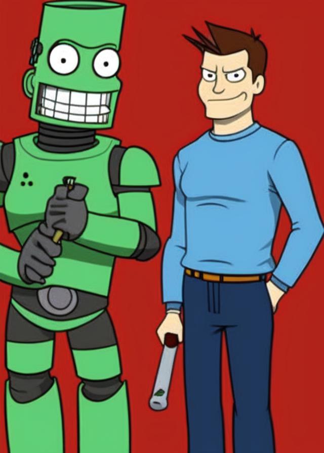 Artificial Intelligence (AI) generated image art, ..., as a Futurama character, standing next to Bender