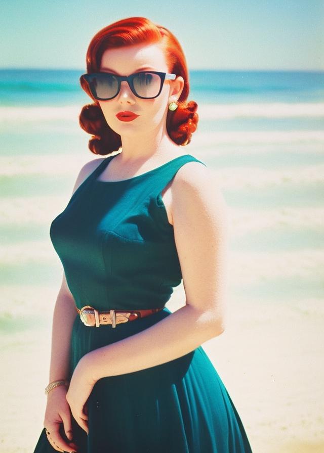 Artificial Intelligence (AI) generated image art, ..., realistic portrait, woman with auburn hair, ((film photography)), ((technicolor photography)), cat eye sunglasses, 1950s dress, pin up girl, ((beach background)), ((1950s))