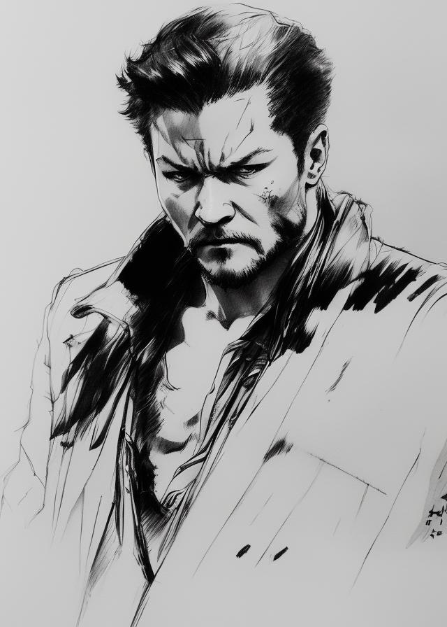 Artificial Intelligence (AI) generated image art, ..., yoji shinkawa, b&w, pencil drawing, ink, manga, concept art