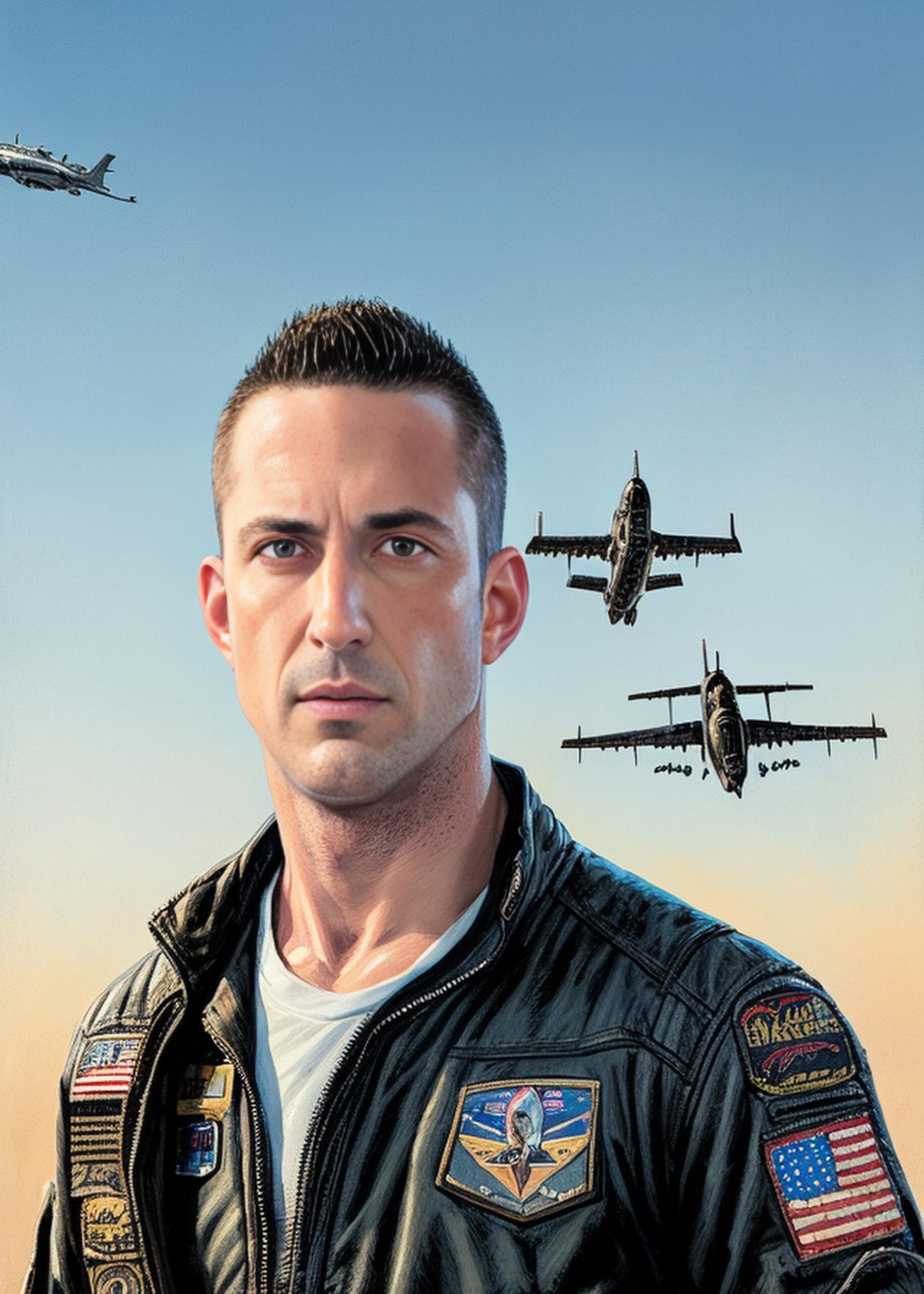 Artificial Intelligence (AI) generated image art, ..., (portrait), top gun, figter pilot, art by Greg Rutkowski, highly detailed, sharp focus, 4k