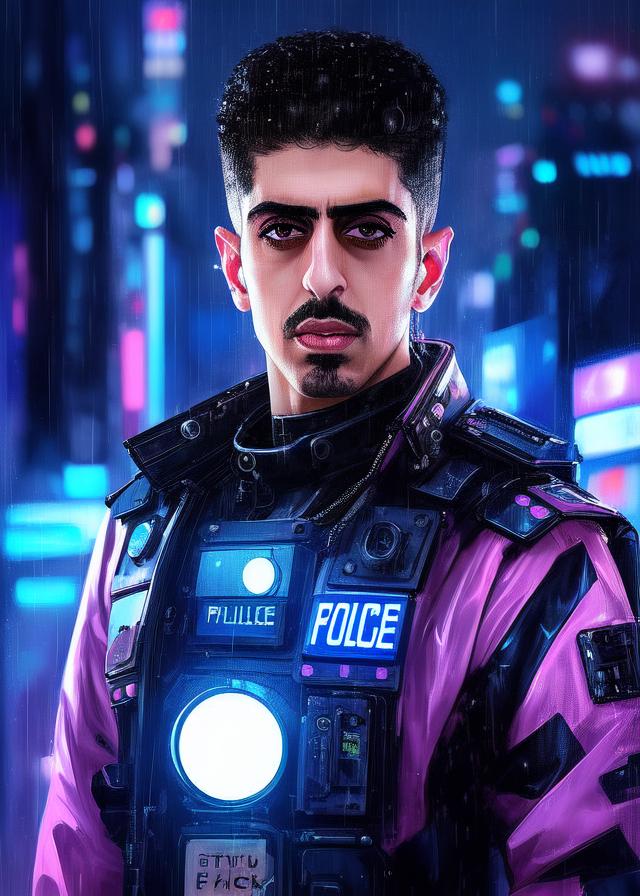 Artificial Intelligence (AI) generated image art, (... portrait), futuristic kawaii cyberpunk police, in heavy raining futuristic tokyo rooftop cyberpunk night, digital painting, cinematic lighting, sharp focus, car drift, police, add text (mohamad alhfar),