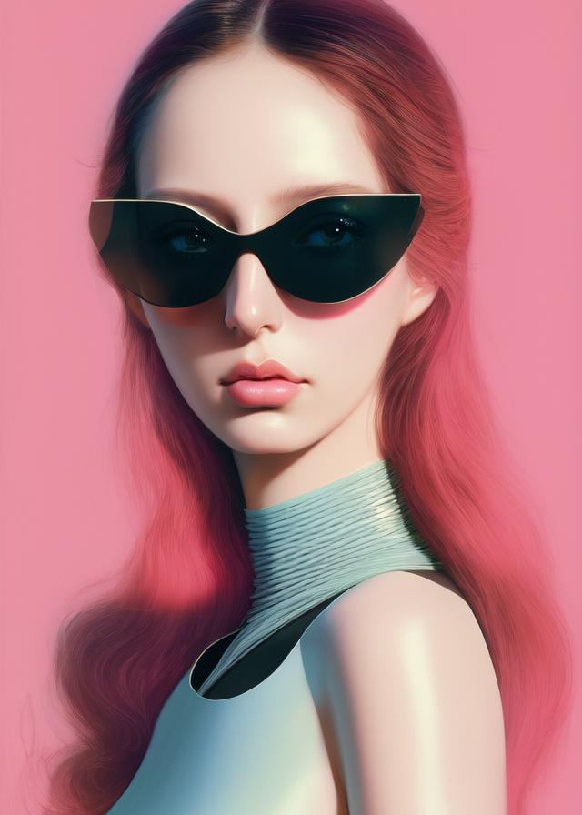 Artificial Intelligence (AI) generated image art, ..., pastel colored paper art illustration, forward facing fashion portrait of beautiful woman wearin futuristic sunglasses by Zhang Jingna with amazing background, ultra sharp, detailed, 8k, anime, artistic, rgb, platinum