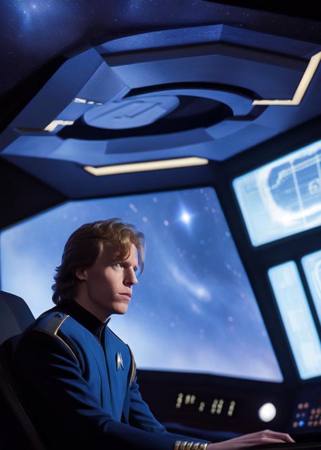 Artificial Intelligence (AI) generated image art, ... in Star Trek-movie, still, photorealistic, sitting in the captain\'s chair in the interior of a space ship, with other Star Trek characters sitting at their stations, blurred in the background