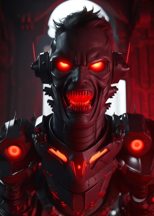 Artificial Intelligence (AI) generated image art, ..., Cyborg vampire, intricate robotic details, glowing red eyes, menacing look, open mouth, sharp fangs, slicked back short black hair, dark castle interior background, Unreal Engine 4, 3D, cinematic lighting.