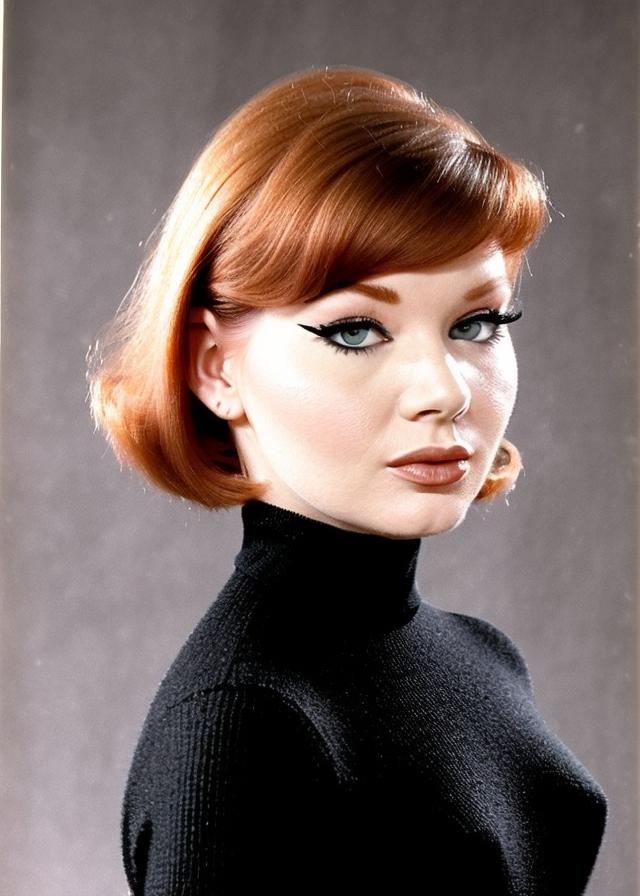 Artificial Intelligence (AI) generated image art, ..., realistic portrait, woman with auburn hair, ((film photography)), ((1960s eyeliner)), ((black turtleneck)), ((library background)), beatnik, 1960s