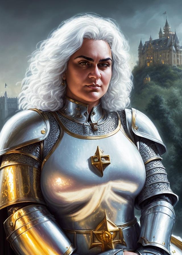 Artificial Intelligence (AI) generated image art, ..., ((portrait)), close-up, fantasy knight, ((in white armor with golden symbols)), white hair, (castle in background), art by Greg Rutkowski, highly detailed, sharp focus, 4k