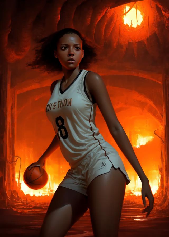 Artificial Intelligence (AI) generated image art, ... with brown skin, playing basketball, (in hell), art by greg rutkowski, ultra detailed, 8k, sharp focus