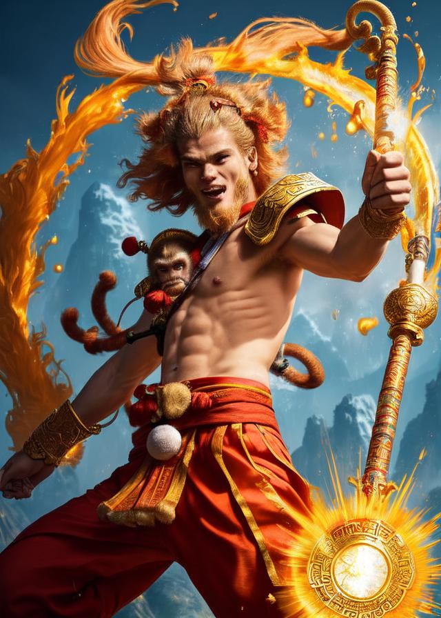 Artificial Intelligence (AI) generated image art, ..., masterpiece, concept art, mid shot, dynamic pose, centered, splash art, Sun wukong, (anthropomorphism, monkey king god, holding mythical staff Ruyi Jingu Bang, Chinese myth), monkeyking majestic, solo, male focus, fiery effect, detailed eyes, shaded face, Chinese armor chest, armor, blue clothes, pauldrons, unreal engine, 8k, super detail, depth of field, studio lighting, (epic composition, epic proportion)