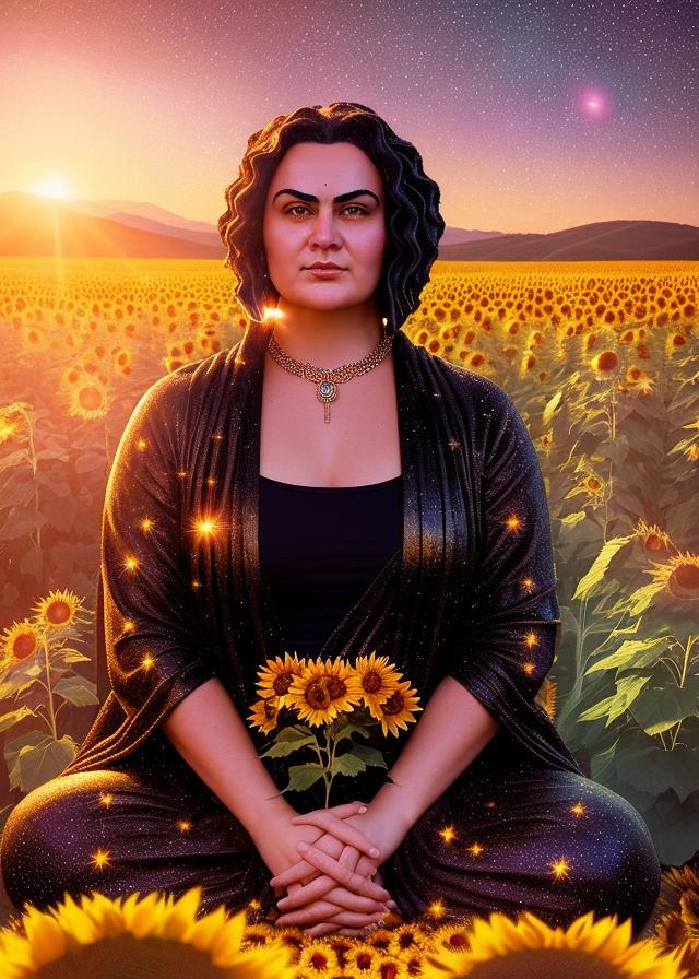 Artificial Intelligence (AI) generated image art, ... as Buddha, feminine, ((portrait)), in a galaxy surrounded by stars ((bright)), sitting in a field of sunflowers art by greg rutkowski, cinematic lighting, sunset, 8k, sharp focus, highly detailed, contrast