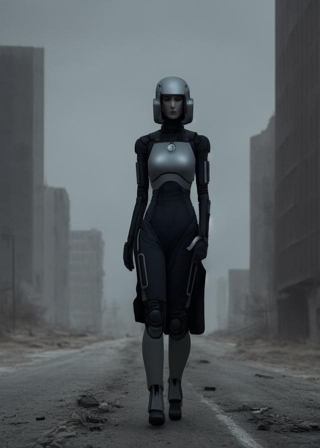 Artificial Intelligence (AI) generated image art, ..., female android in dystopian attire on a desolate street, overcast, ruins, cinematic