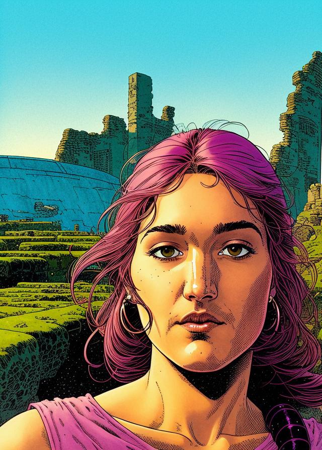 Artificial Intelligence (AI) generated image art, (moebius comic book style), ..., illustration, comics, portrait, scifi, landscape, face, ancient ruins background, close up