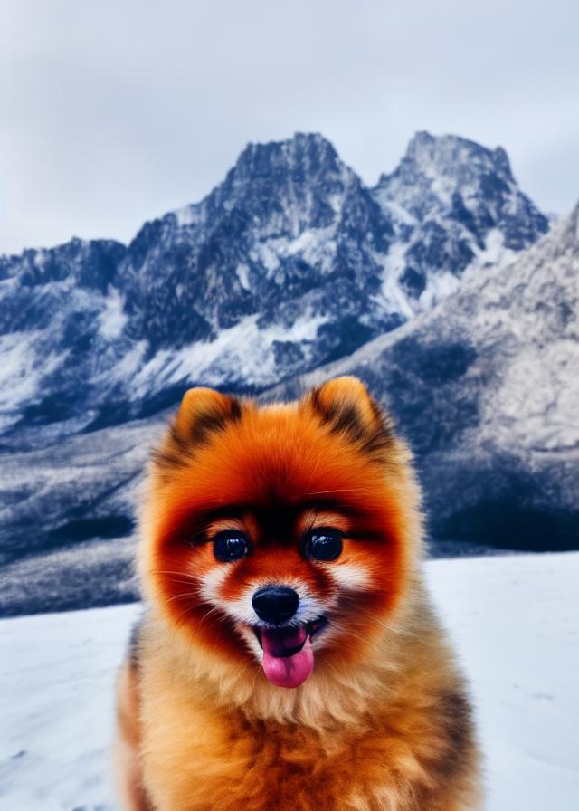 Artificial Intelligence (AI) generated image art, portrait of a cute ..., anthropomorphic, cinematic lighting, snowy mountains