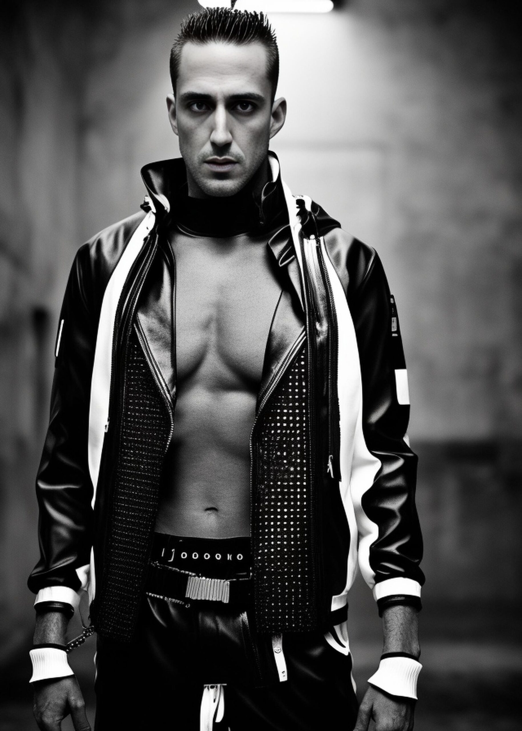 Artificial Intelligence (AI) generated image art, fashion photography of ..., wearing futuristic hiphop fashion, inside berghain, futuristic fashion, photo 3 5 mm leica, hyperdetail, 8 k, very detailed, black and white