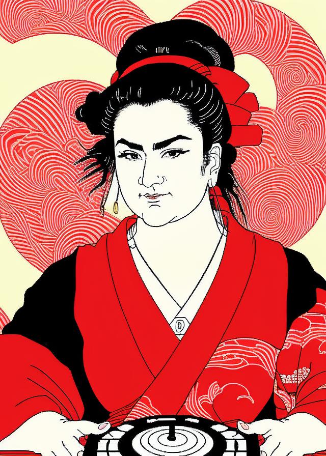 Artificial Intelligence (AI) generated image art, ..., as a DJ, ukiyo-e, japanese artstyle, red tint, feminine