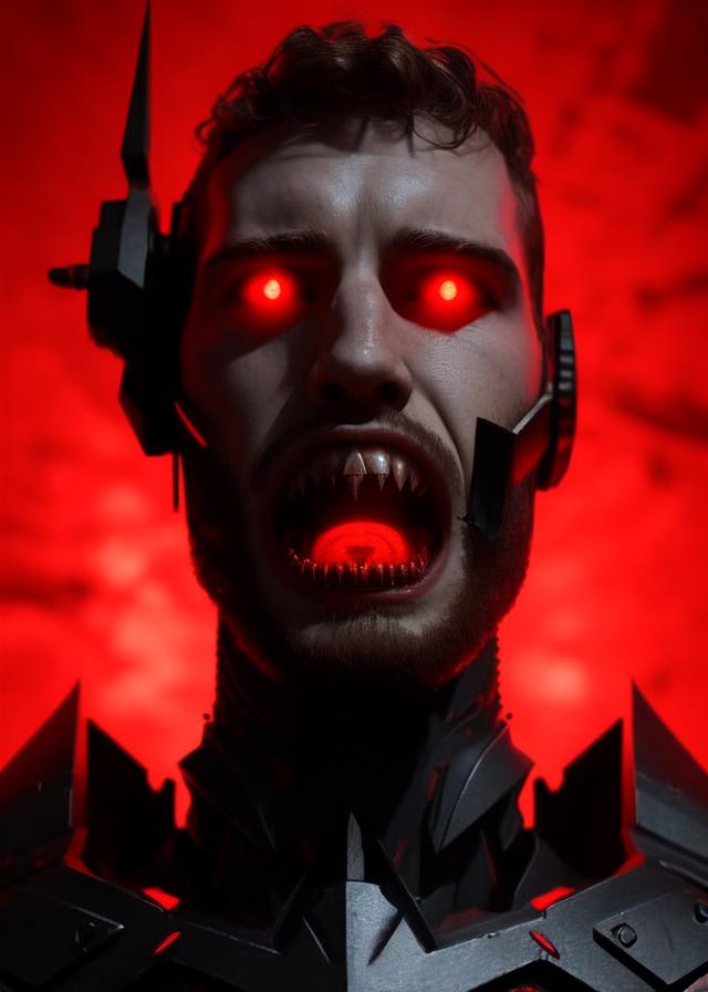 Artificial Intelligence (AI) generated image art, ..., Cyborg vampire, intricate robotic details, glowing red eyes, menacing look, open mouth, sharp fangs, slicked back short black hair, dark castle interior background, Unreal Engine 4, 3D, cinematic lighting.