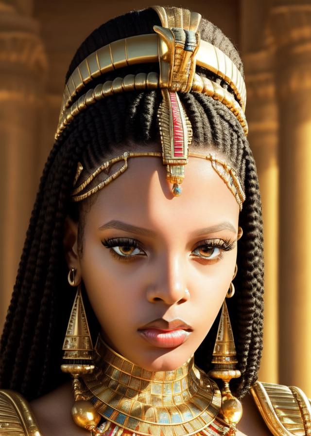 Artificial Intelligence (AI) generated image art, ..., Intense close-up of a young and fresh, Egyptian queen cleopatra , dressed in an elegant dress with jewelry, determination and grit in sharp focus, eyes blazing with determination. Serenity, Determination, Survival, George Miller Style.