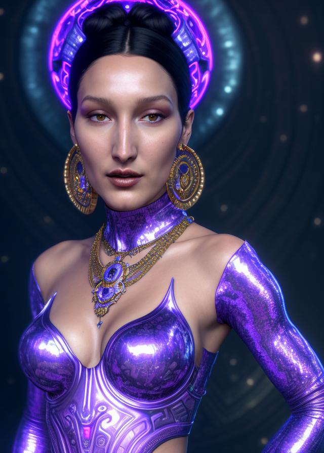 Artificial Intelligence (AI) generated image art,  portrait of a beautiful ancient alien ..., goddess bella hadid aphrodite standing in iris van herpen dress jewelry and fractals in style of alphonse mucha art nuvo dmt trending on artstation made in unreal engine 4