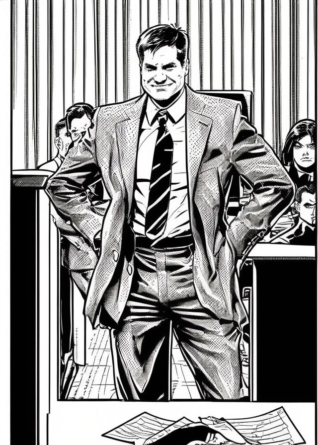 Artificial Intelligence (AI) generated image art, ..., ((comic book style)), ((in the style of comic book artist moebius)), portrait, inside of a courtroom, wearing a suit, illustration, (single person)